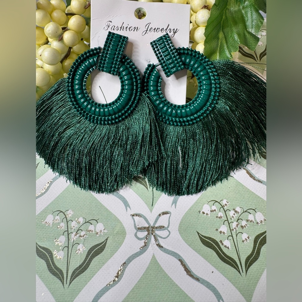 Fashion Jewelry Dark Green fan Tassel Hoop statement classy boho Earrings